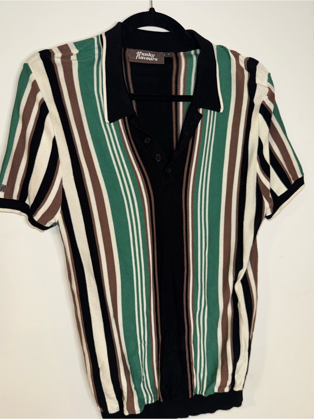 Green 4funkyflavours Men’s S Retro Striped Knit Polo Shirt 70s Mod